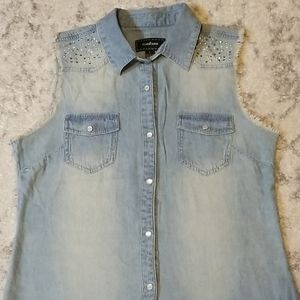 Sleeveless denim shirt with rhinestone details